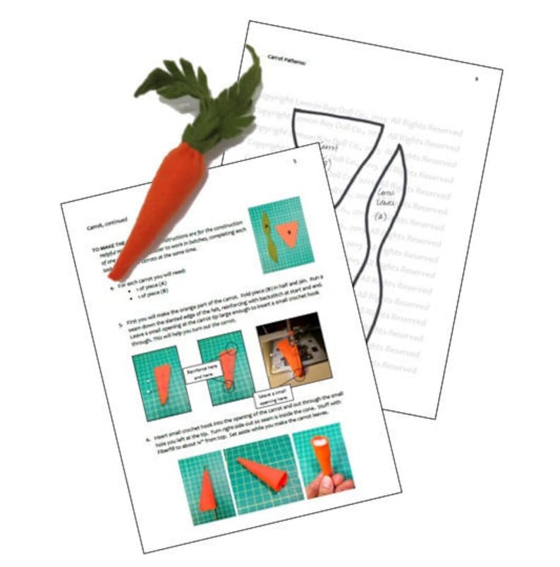 May include: Instructions for making a felt carrot craft. The instructions include a diagram of the carrot pattern and steps for sewing the carrot together. The image also shows a felt carrot with green leaves.