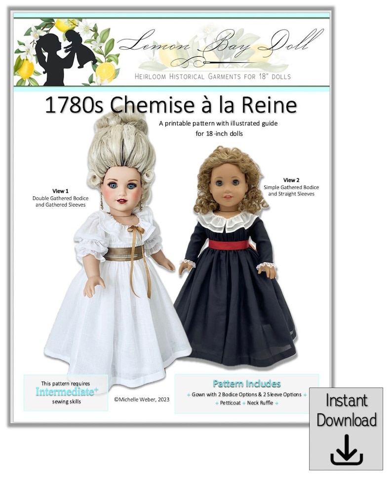 PATTERN 1780s Chemise à la Reine Pattern for 18 Dolls, Includes Instructions and Printable Pattern for Gown, Petticoat, and Neck Ruffle image 1