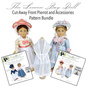 May include: The image showcases a pattern bundle for doll clothing, featuring the text "The Lemon Bay Doll Cut-Away Front Pierrot and Accessories Pattern Bundle." Two dolls are dressed in historical attire, with pattern sheets visible. The patterns include an instant download option.