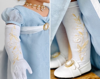 Regency Era Inspired Embroidered Glove and Stocking Sets for American Girl and other 18" dolls with a similar hand mold.