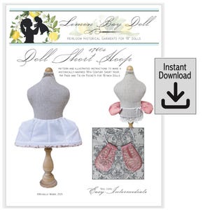Puede incluir: Imagen de producto para "Lemon Bay Doll" con un patrón de miriñaque corto para muñecas. El diseño incluye una enagua blanca, almohadillas rosas y bolsillos para atar. El texto dice "Descarga instantánea" y "Nivel de habilidad fácil intermedio".