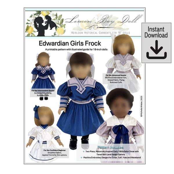 Edwardian Frock Pattern for 18" Dolls: Stickoptionen (druckbare PDF)