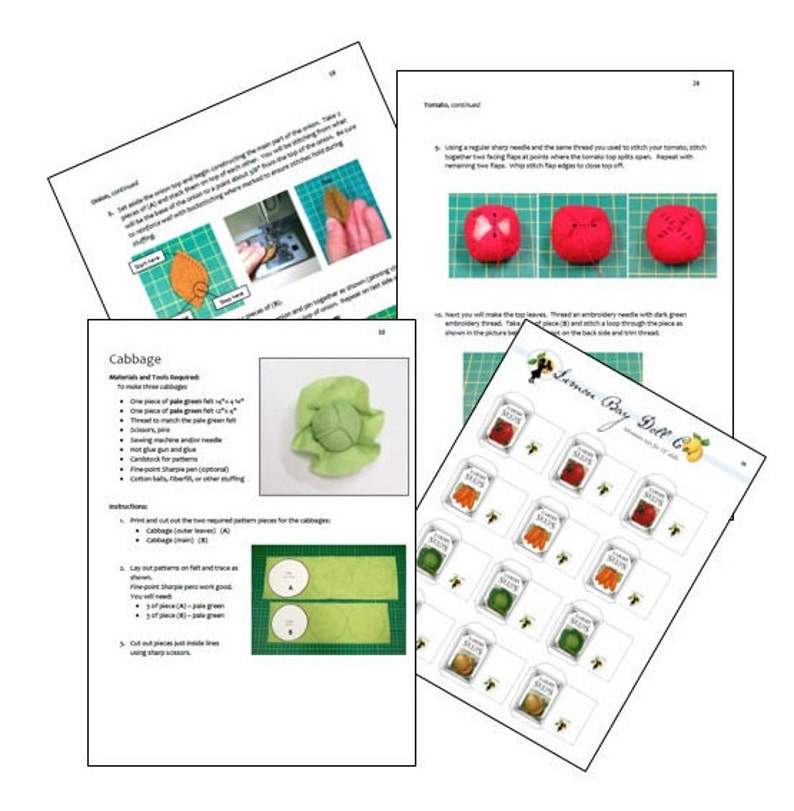May include: A printable pattern for making a felt cabbage. The pattern includes instructions and a list of materials needed. The image shows a finished felt cabbage, a close-up of the pattern pieces, and a grid of small felt vegetables.