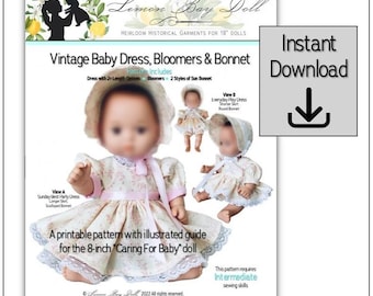 Vintage Dress, Bloomers and Bonnet Pattern for 8" Baby dolls