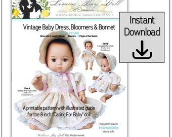 Vintage Dress, Bloomers and Bonnet Pattern for the 8" Caring for Baby doll by American Girl