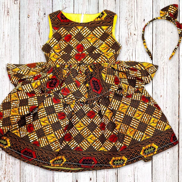 VENTE !!! VENTE !!! Robe africaine à basque pour fille avec bandeau en plumes de paon et robe à imprimé block Ankara