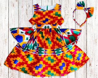 Girl's African Kente Print Dress, Ankara Gathered Dress for Girls and Babies with matching headband and bolero jacket