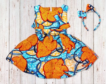 Girl's African Print Dress, Orange Ankara Special Occasion Dress, Wax Print Flower Girl Gown