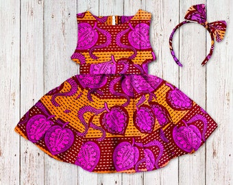 Girl's African Print Dress, Orange Ankara Special Occasion Dress, Wax Print Flower Girl Gown