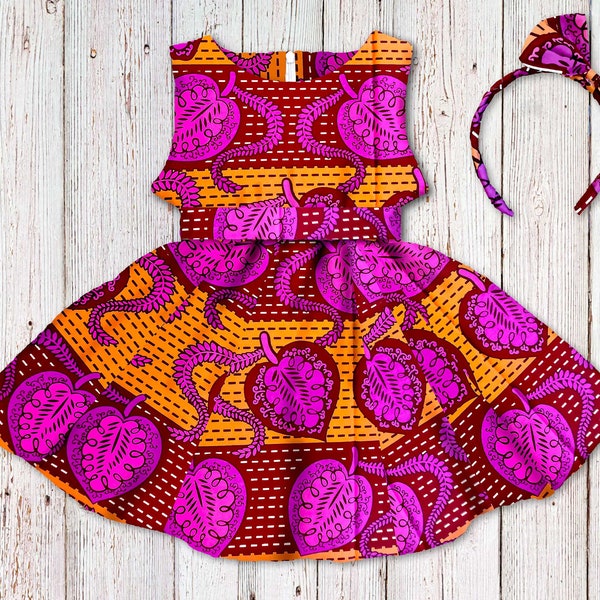 Girl's African Print Dress, Orange Ankara Special Occasion Dress, Wax Print Flower Girl Gown