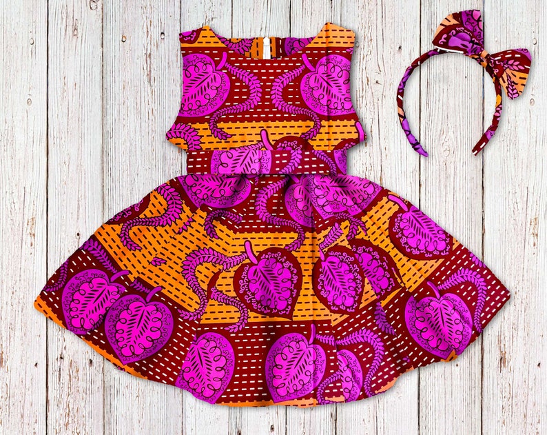 Girl's African Print Dress, Orange Ankara Special Occasion Dress, Wax Print Flower Girl Gown image 1