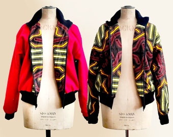 REVERSIBLE Wool Bomber Jacket, African Ankara Print, Puffer Jacket