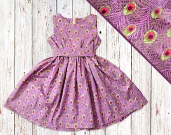 100% cotton Children's Dress with Pink Peacock Design, Girls Pink Party Dress