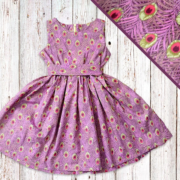 100% cotton Children's Dress with Pink Peacock Design, Girls Pink Party Dress