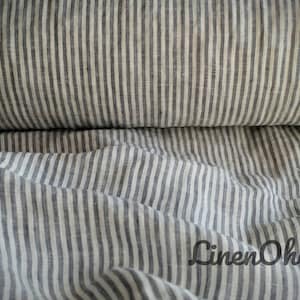 Grey white striped lightweight softened linen fabric UK store England flax 130g/m2