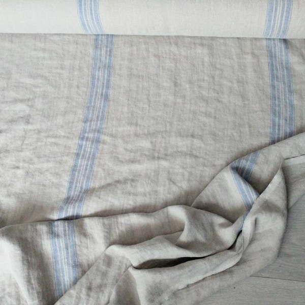 Heavy weight Upholstery Grain sack French softened linen fabric blue stripes undyed flax 350g/m2