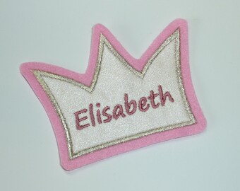 Aufnäher Krone mit Name Glitzer rosa weiß silber Wunschname personalisiert Prinzessin