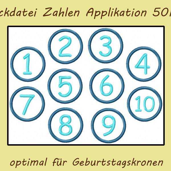 Stickdatei Zahlen Buttons Geburtstagskrone 50mm Durchmesser Applikation