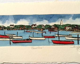 Quiet Cove - Limited Edition Hand Colored Etching - Image Size 11.75&quot; x 3.75&quot;