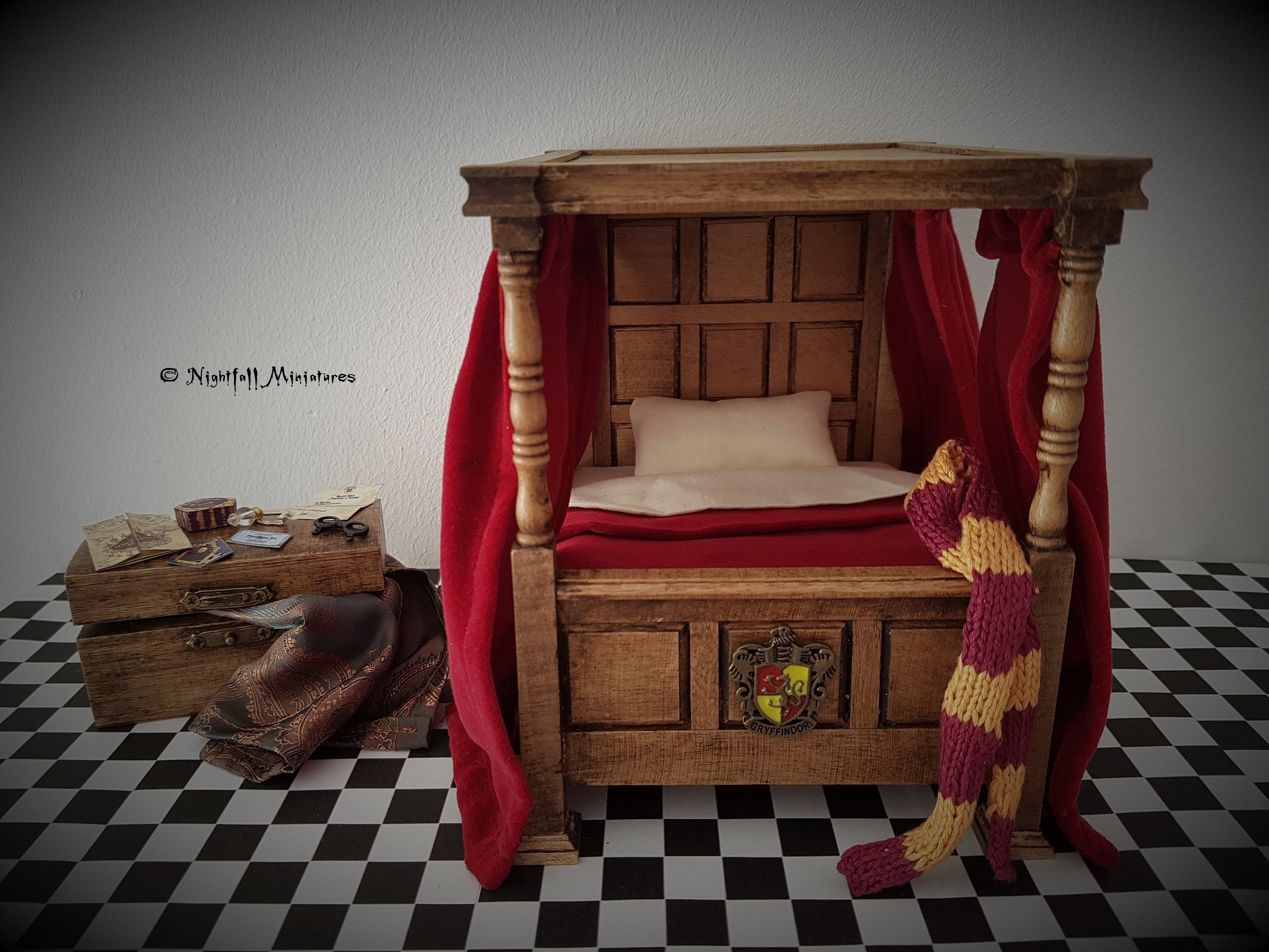 Dollhouse Miniature Harry Potter Inspired Gryffindor Dormitory Bed With Invisibility Cloak Trunk Hogwarts Magic Fantasy 1 12 Scale