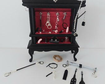 Adult Dollhouse Miniature Wood  BDSM Bondage Cabinet with Sex Toys and Accessories in 1:12 scale