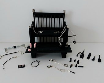 Adult Dollhouse Miniature Wood and Leather BDSM Bondage Bench with Sex Toys and Accessories in 1:12 scale