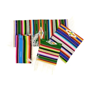 Vintage 40s All Wool Dark Green Blue Striped Mexican Saltillo Chimayo Mini Rug Mats