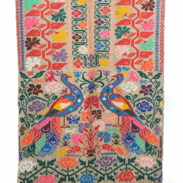 Vintage 60s 70s Colorful Floral + Brid Cotton Wool Boho Wall Tapestry Hanging Decor Textile 80"