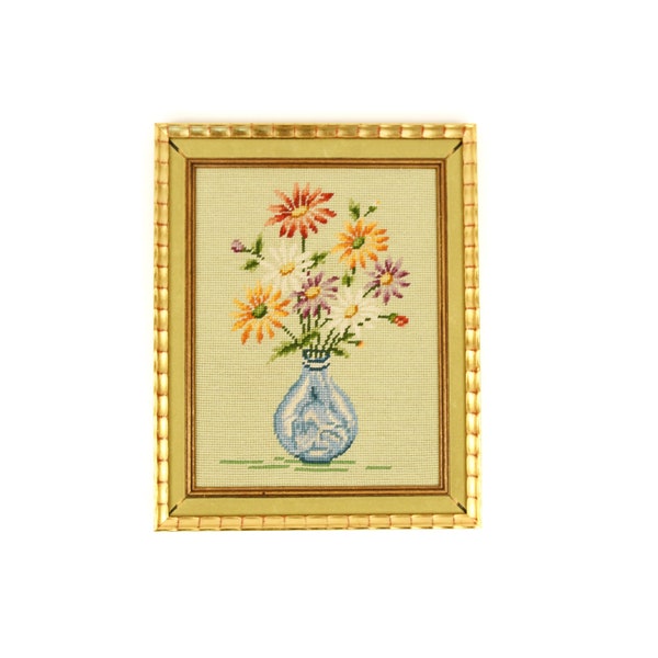 Vintage 70s 80s Floral Still Life Knit Crewel Cross Stitch Gold Framed Retro Wall Art Picture