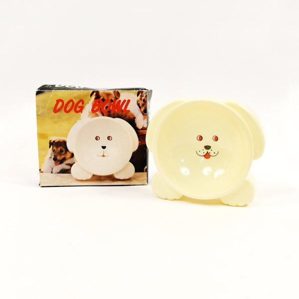 Vintage 70s Cream Plastic Novelty Kitsch Cartoon Puppy Dog Water Food Pet Bowl