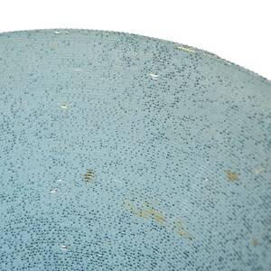 May include: Close-up of a light blue, textured surface. The surface is covered in small, dark blue dots, creating a speckled appearance. The texture appears to be slightly curved, suggesting a rounded object.