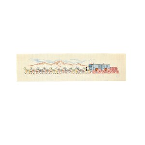 May include: A cross-stitch pattern of a horse-drawn carriage with a blue carriage and red wheels. The carriage is being pulled by a long line of white horses with brown saddles. The background is a light beige with a blue sky and brown hills.