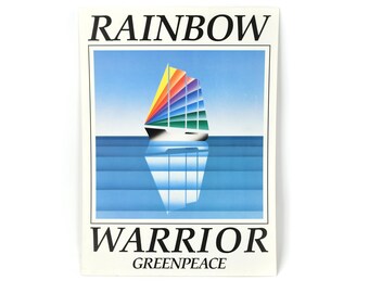 Vintage 70s 80s Greenpeace Rainbow Warrior Screenprinted Cardstock Advertising Poster Wall Art