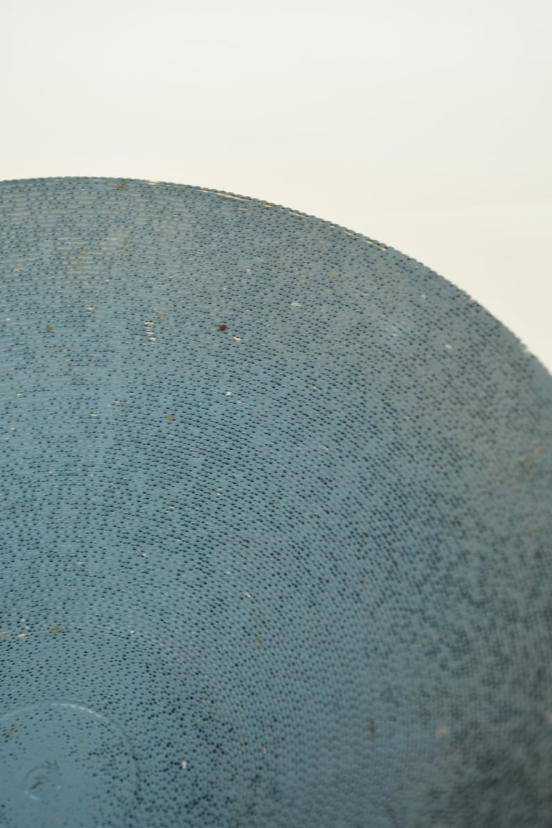 May include: Close-up of a portion of a light blue, circular object with a textured surface. The surface is covered in small, dark dots, creating a pattern. The object is set against a white background.