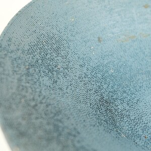 May include: Close-up of a textured, light blue surface with a pattern of small, dark dots. The surface appears to be curved, with a slight sheen. The image is well-lit, highlighting the texture.