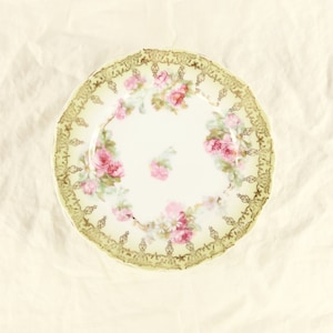 May include: A vintage porcelain plate with a delicate floral design. The plate features pink and white roses with green leaves, surrounded by a gold-trimmed border.