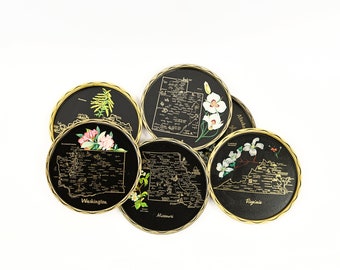 Vintage 80s Black Metal Souvenir US State Plates Round Decorative Serving Trays