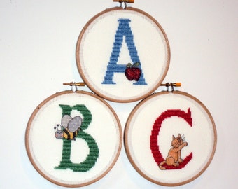 Custom 7 in.Nursery Decor / Children's Wall Art / Alphabet Nursery / Cross Stitch-or 3 letters of your choice