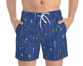 Pin Stripe Fishing  Lure Fun Swim Trunks, Colorful Beach Shorts, Summer Swimwear, Vacation Outfits, Pool Party Essentials