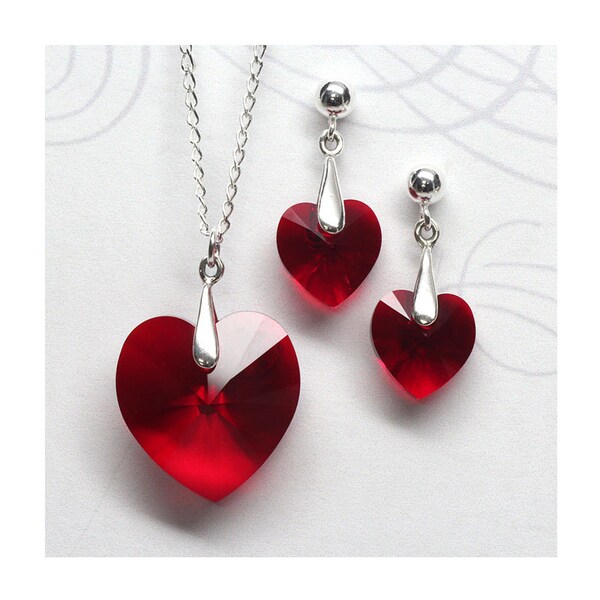 Ruby Red Austrian Crystal Heart Jewellery Set, Sterling Silver, Red Heart Pendant, Red Heart Earrings