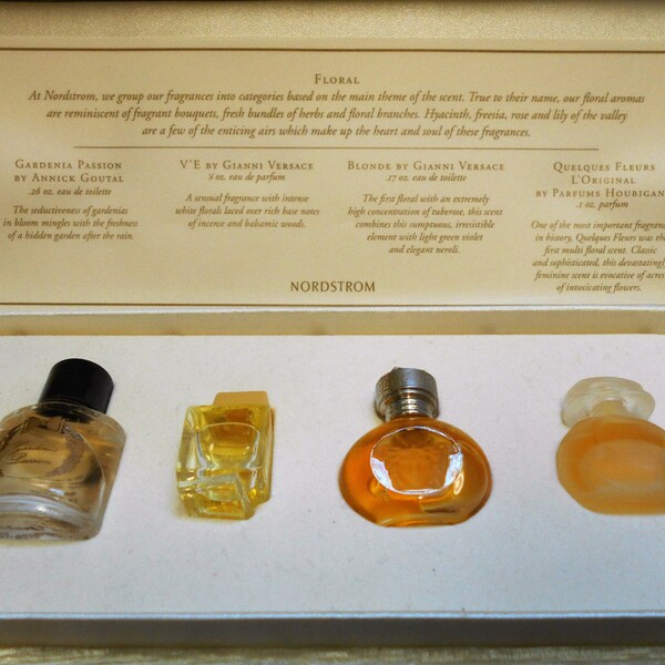 Nordstrom women's miniature fragrance set from 1996. Includes Versace Blonde, V'E, Gardenia Passion and Houbigant Quelques Fleurs L'original