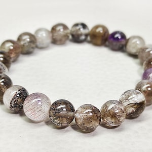 Super Seven Gemstone, Melody Stone, Super 7 Stone, Smooth Round Beads Bracelet, Auralite Stone 89.25 Cts 8.5x8.5mm 7&quot; Inch Length