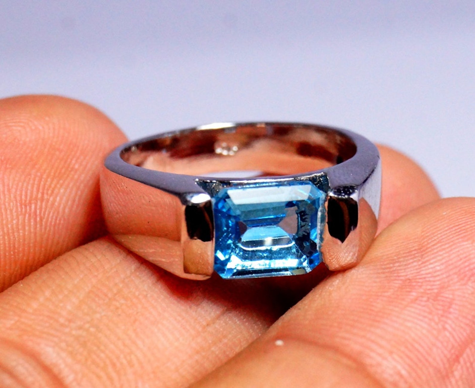 Natural Blue Topaz Ring 925 Sterling Silver Emerald Cut Etsy