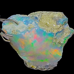 May include: A rough, natural opal gemstone with a vibrant iridescent display of green, blue, orange, and red colors. The opal is held by a metal tool.