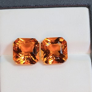 10mm Madeira Citrine Quartz Gemstone: Square Cut Matched Pair