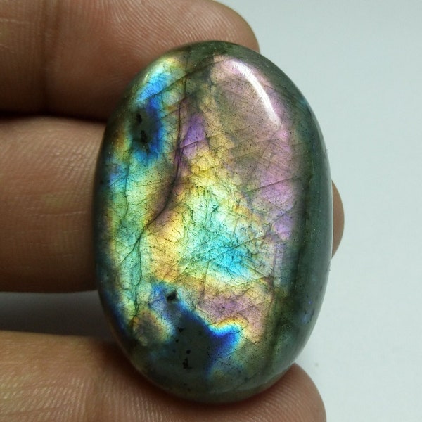Natural Multi Color and Blue Fire Labradorite 39x26x8 MM Oval Shape Flashy Cabochon