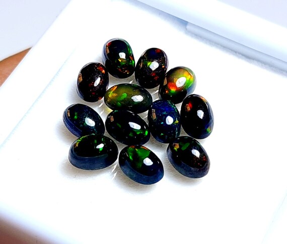 Rainbow Flashy Black Opal Cabochons: 12 Pcs, 6x4mm Ethiopian Gemstones