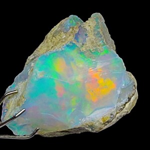 May include: A rough, natural opal gemstone with a milky white base and iridescent flashes of green, blue, orange, and yellow. The opal is held in a metal clamp.