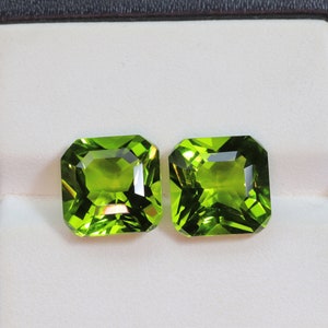 10mm Square Cut Peridot Quartz Gemstone Pair: Synthetic Glass Stone
