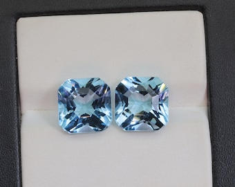 10mm Aquamarine Quartz Gemstone: Square Cut Matched Pair